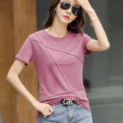 Summer Slim Cotton Bamboo Solid Color Casual Women's T-Shirts O-Neck - Image 5