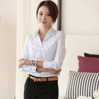 Women's Elegant Blouse - Fashionable Button Up White Work Shirt - Image 7