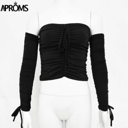 Off The Shoulder Crop Tops Casual Pleated White or Black Shirt Women's Short Sleeve - Image 17