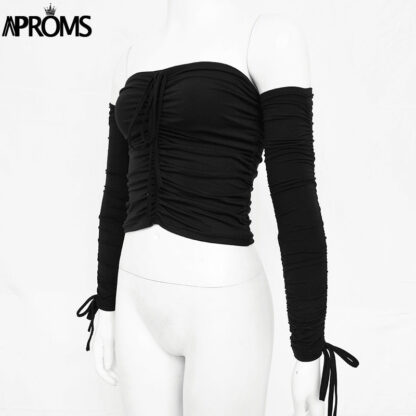 Off The Shoulder Crop Tops Casual Pleated White or Black Shirt Women's Short Sleeve - Image 13