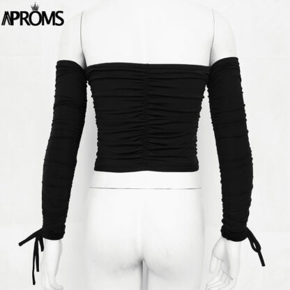 Off The Shoulder Crop Tops Casual Pleated White or Black Shirt Women's Short Sleeve - Image 3