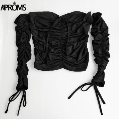Off The Shoulder Crop Tops Casual Pleated White or Black Shirt Women's Short Sleeve - Image 5