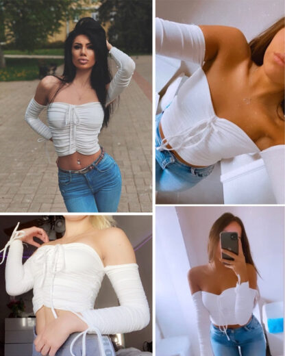 Off The Shoulder Crop Tops Casual Pleated White or Black Shirt Women's Short Sleeve - Image 7