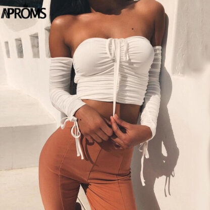 Off The Shoulder Crop Tops Casual Pleated White or Black Shirt Women's Short Sleeve - Image 2
