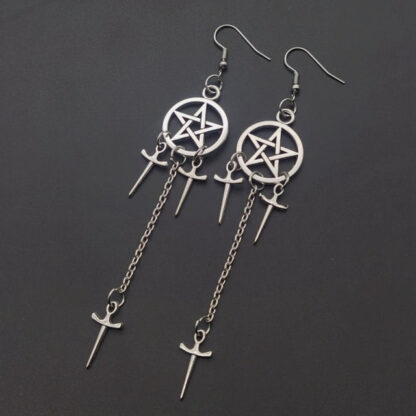 Pentagram Swords Earrings Silver Plated Huggie Hoops Dangle Witchy Jewelry Pagan Wiccan Tarot Gothic Emo Women Gift - Image 2